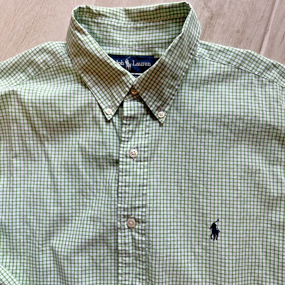 Ralph Lauren Button Down Shirt Mens 16.5/33 Green Check LS Yarmouth Navy  Pony